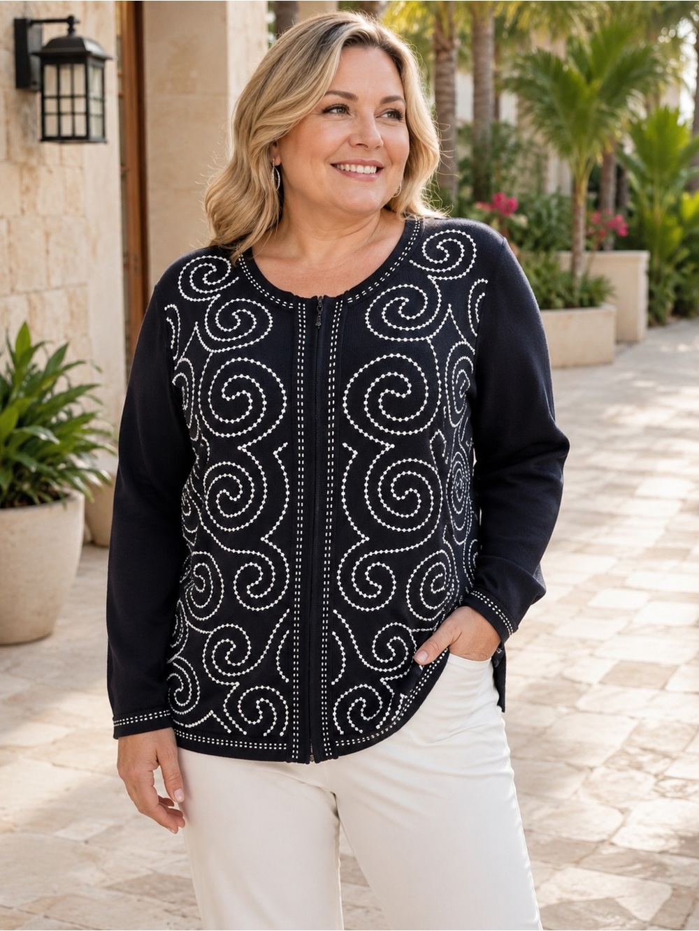 Foxcroft Black Scroll Embroidered Zip Front Knit Cardigan
